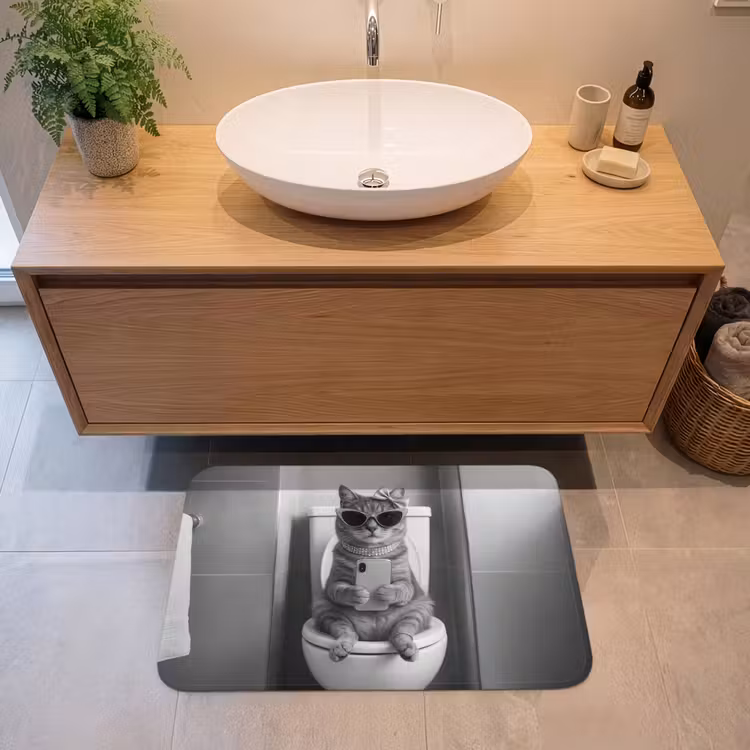 Kat - Telefoon - Toilet - Zwart - Wit Badmat middel -sfeer1