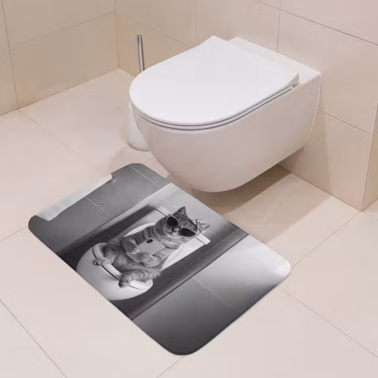 Kat - Telefoon - Toilet - Zwart - Wit Badmat middel -sfeer4