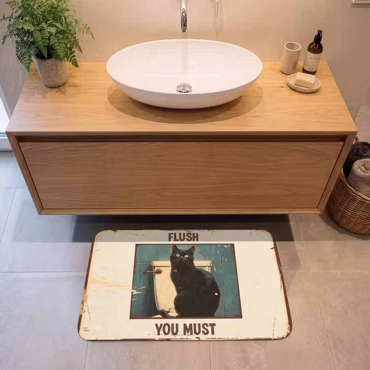 Kat - Vintage - Zwart - Quote - Flush you must Badmat middel -sfeer1
