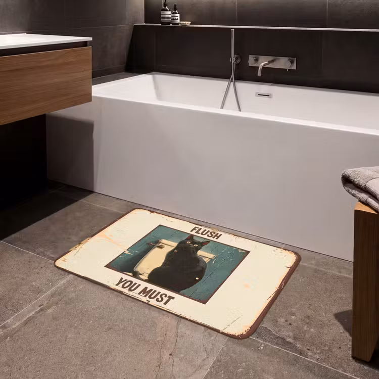 Kat - Vintage - Zwart - Quote - Flush you must Badmat middel -sfeer3