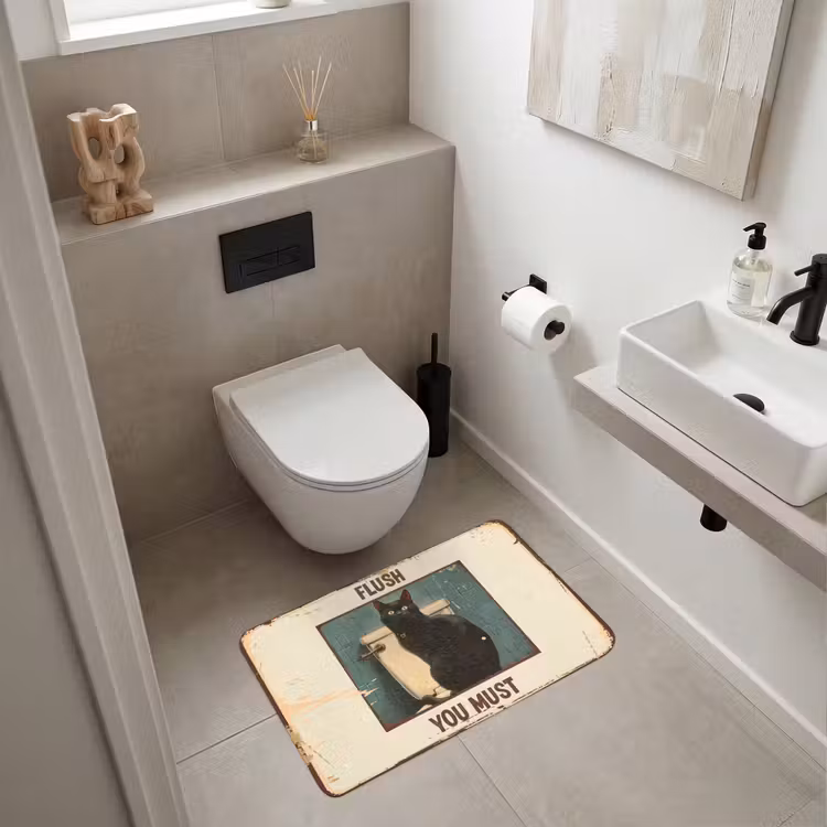 Kat - Vintage - Zwart - Quote - Flush you must Badmat middel -sfeer4