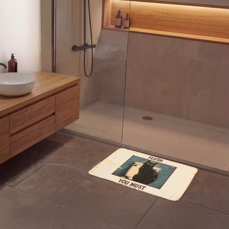 Kat - Vintage - Zwart - Quote - Flush you must Badmat middel -sfeer2