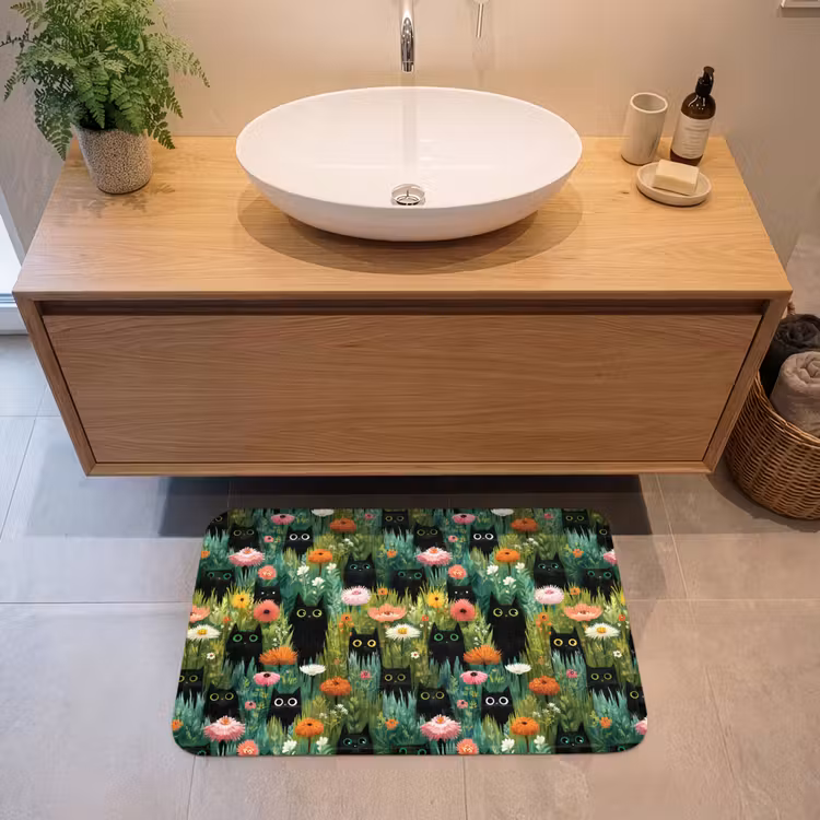 Katten - Bloemen - Kleurrijk Badmat middel 997 -sfeer1