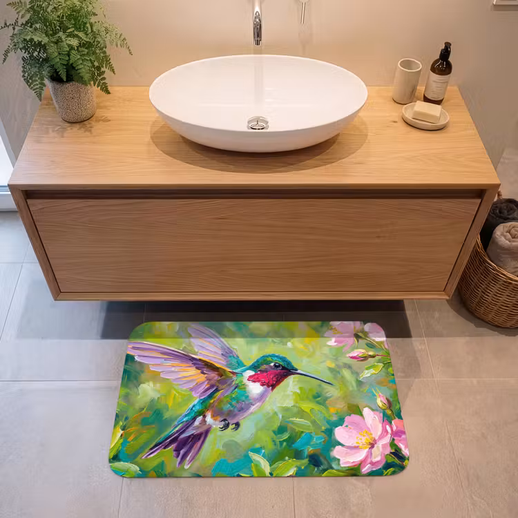 Kolibrie - Bloemen - Natuur - Kleurrijk Badmat middel -sfeer1