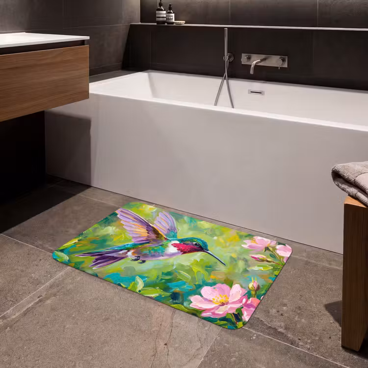 Kolibrie - Bloemen - Natuur - Kleurrijk Badmat middel -sfeer3