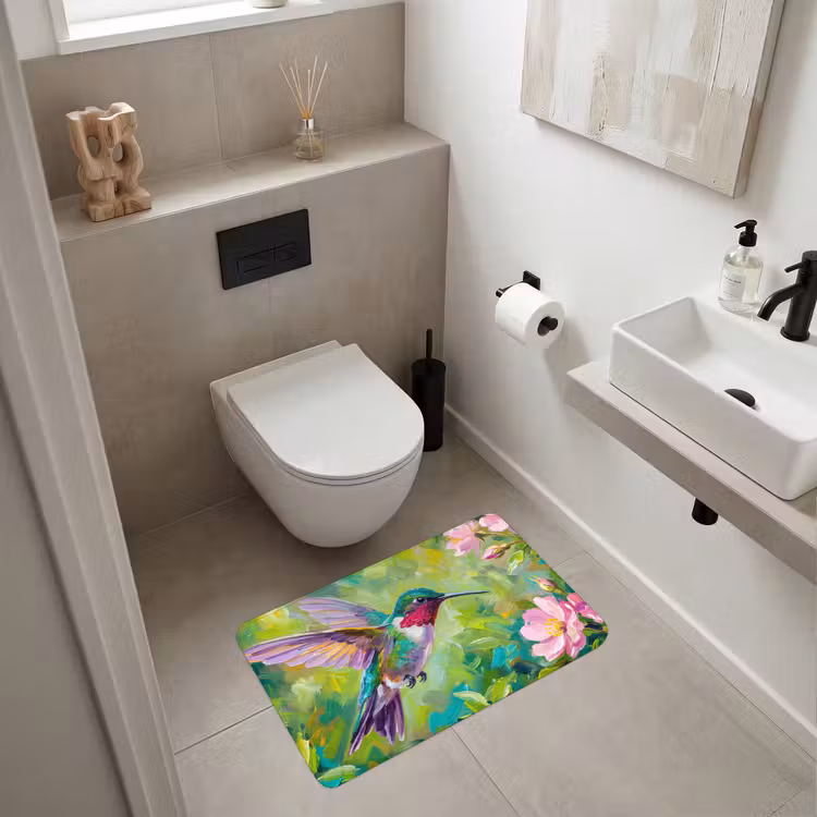 Kolibrie - Bloemen - Natuur - Kleurrijk Badmat middel -sfeer4