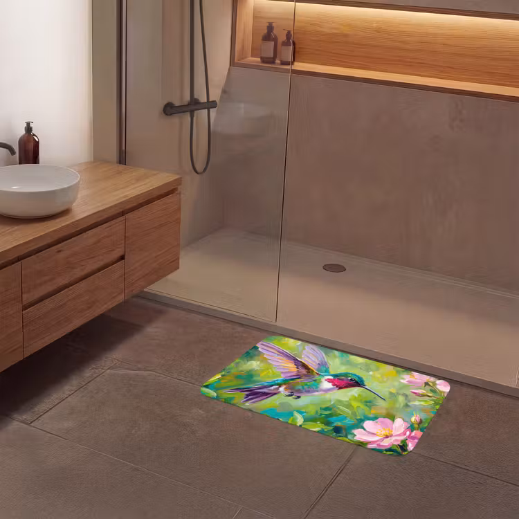 Kolibrie - Bloemen - Natuur - Kleurrijk Badmat middel -sfeer2