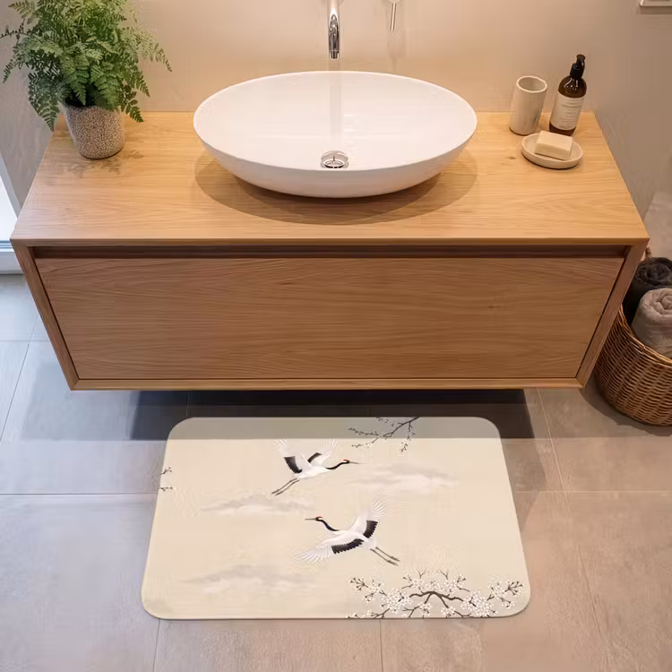 Kraanvogels - Bloesem - Beige Badmat middel -sfeer1
