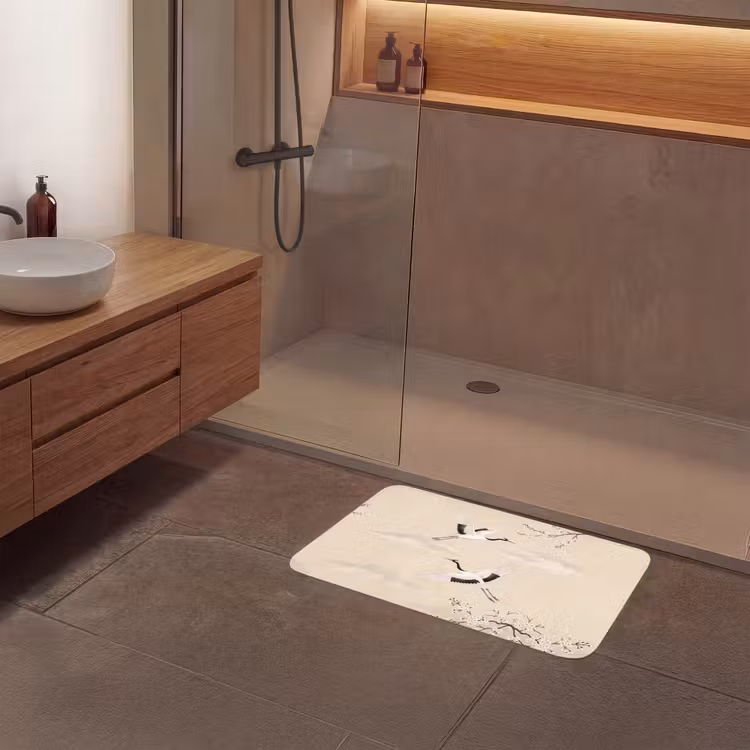 Kraanvogels - Bloesem - Beige Badmat middel -sfeer2