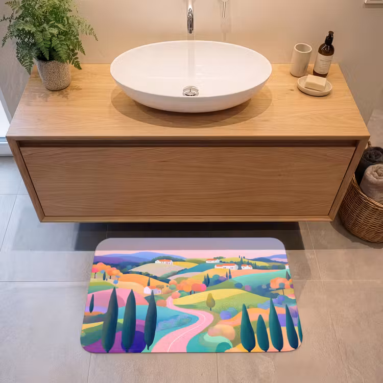 Landschap - Paars - Pastel - Huizen Badmat middel -sfeer1