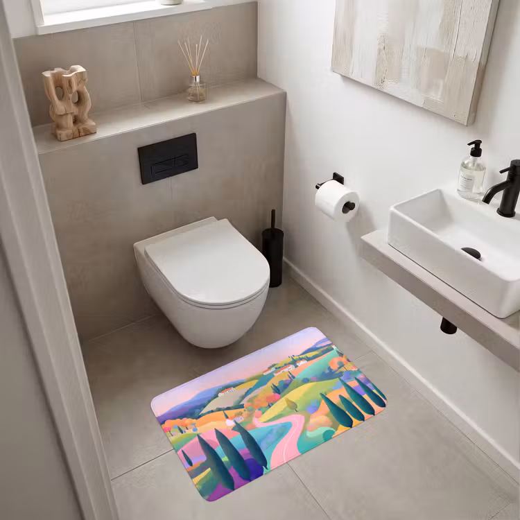 Landschap - Paars - Pastel - Huizen Badmat middel -sfeer4