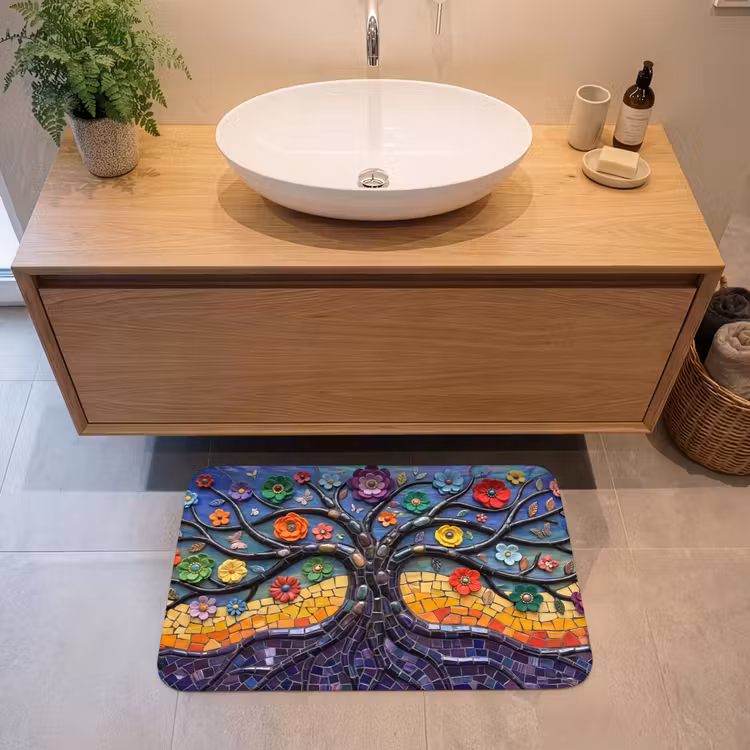 Levensboom - Mozaïek - Bloemen - Kleurrijk - Vrolijk Badmat middel -sfeer1