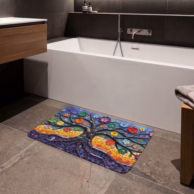 Levensboom - Mozaïek - Bloemen - Kleurrijk - Vrolijk Badmat middel -sfeer3