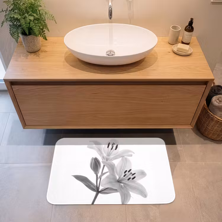 Lelies - Elegant - Zwart - Wit Badmat middel -sfeer1