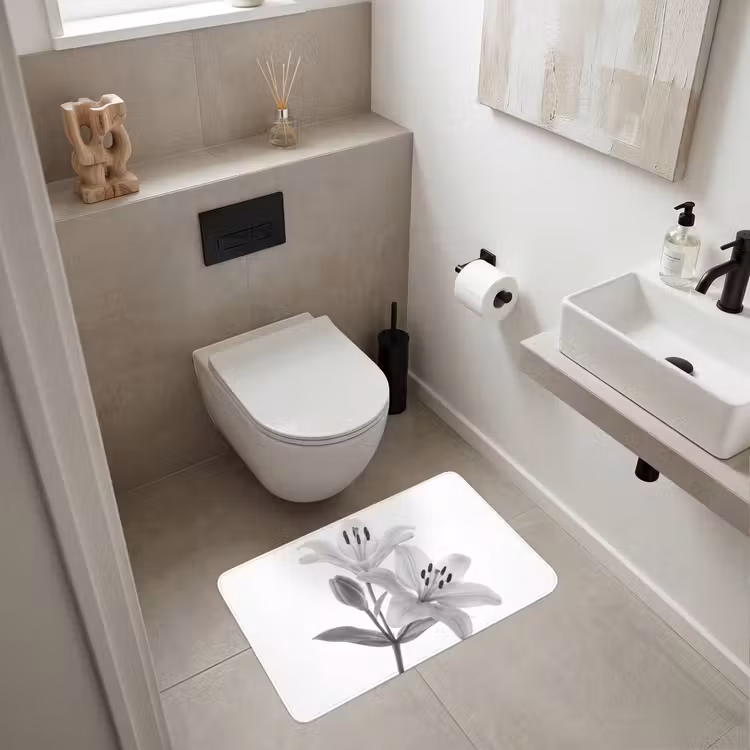 Lelies - Elegant - Zwart - Wit Badmat middel -sfeer4