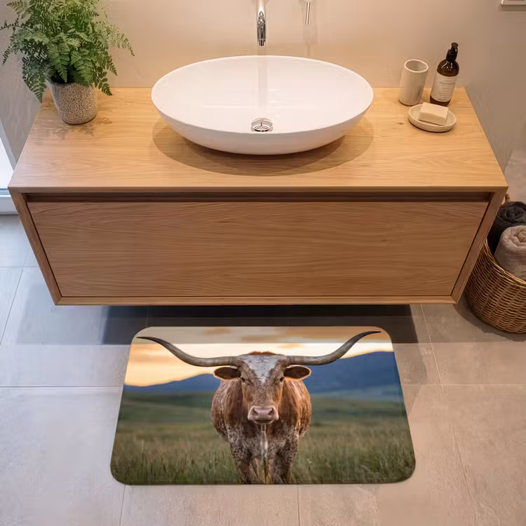 Longhorn - Landschap - Zonsondergang Badmat middel -sfeer1