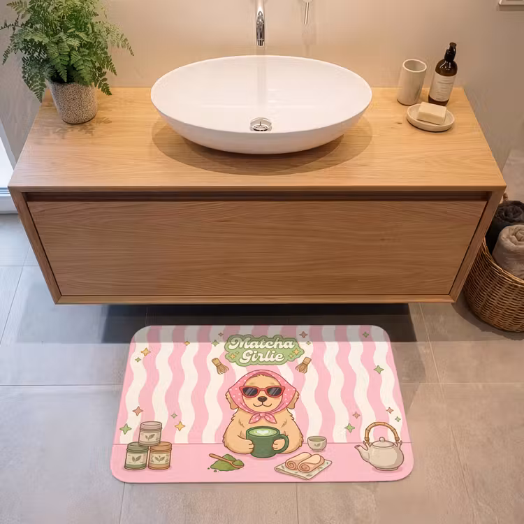 Matcha - Hond - Roze - Groen Badmat middel -sfeer1