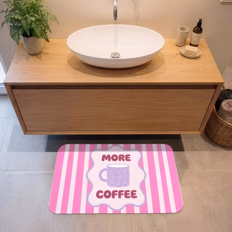 More coffee - Roze - Paars - Strepen - Mok Badmat middel -sfeer1