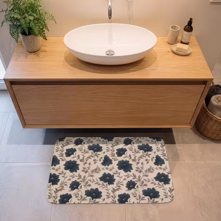 Motief - Bloemen - Zwart - Beige Badmat middel 997 -sfeer1