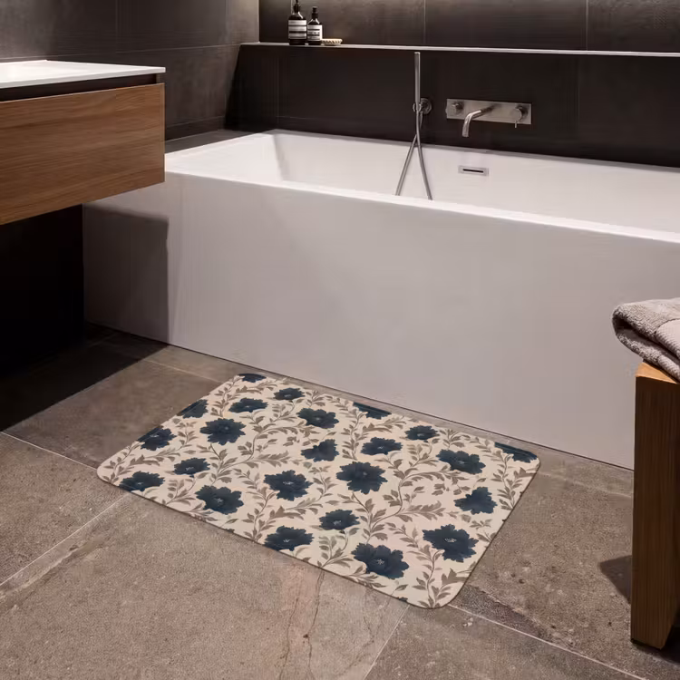 Motief - Bloemen - Zwart - Beige Badmat middel 997 -sfeer3
