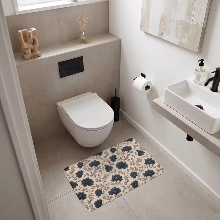 Motief - Bloemen - Zwart - Beige Badmat middel 997 -sfeer4