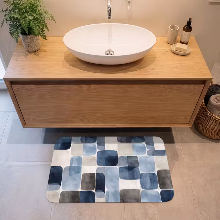 Patroon - Blauw - Vierkanten Badmat middel -sfeer1