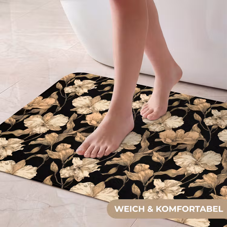 Orchideeën - Lijntekening - Patroon - Beige - Zwart Badmat middel 997 -USP_ZachtDE