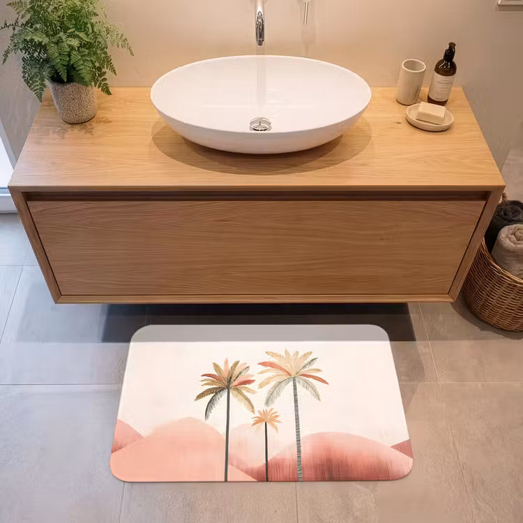 Palmbomen - Heuvels - Minimalistisch - Zachtroze Badmat middel -sfeer1