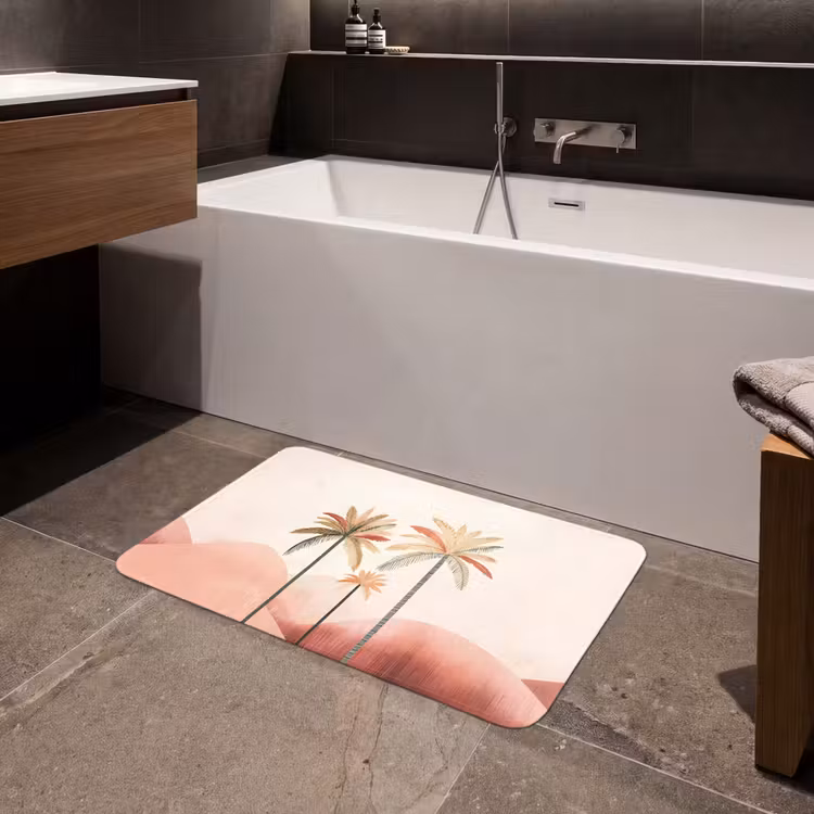 Palmbomen - Heuvels - Minimalistisch - Zachtroze Badmat middel -sfeer3