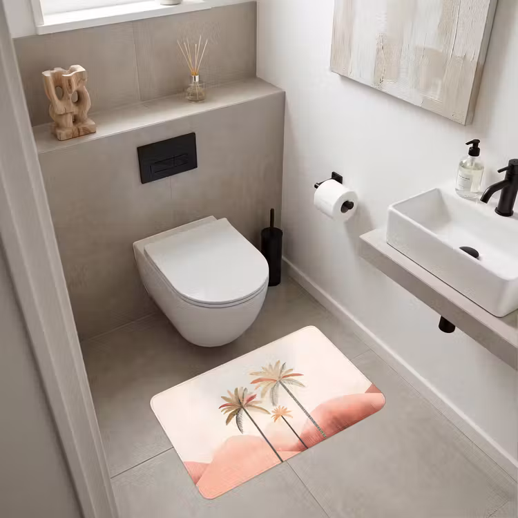 Palmbomen - Heuvels - Minimalistisch - Zachtroze Badmat middel -sfeer4