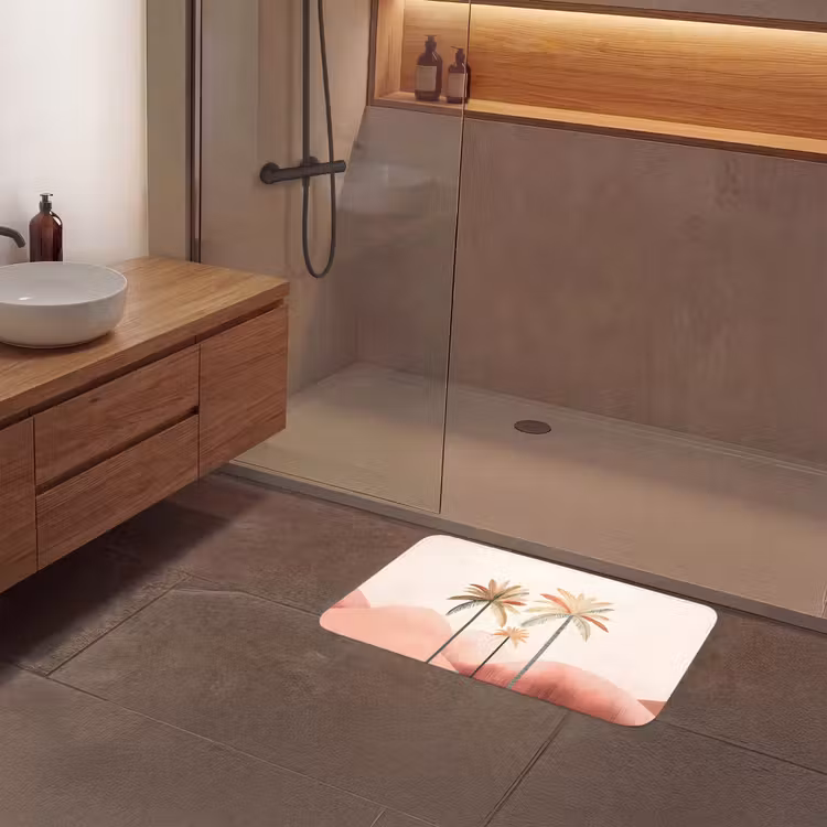 Palmbomen - Heuvels - Minimalistisch - Zachtroze Badmat middel -sfeer2