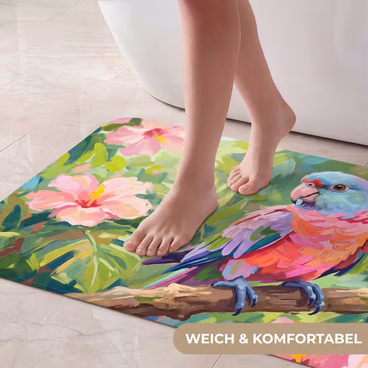 Papagaai - Hibiscusbloemen - Kleurrijk Badmat middel -USP_ZachtDE