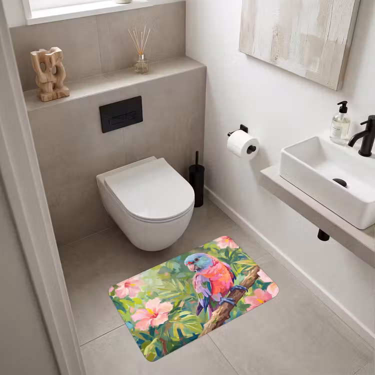Papagaai - Hibiscusbloemen - Kleurrijk Badmat middel -sfeer4