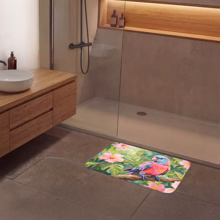 Papagaai - Hibiscusbloemen - Kleurrijk Badmat middel -sfeer2