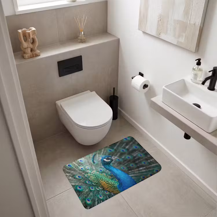Pauw - Veren - Blauw Badmat middel -sfeer4