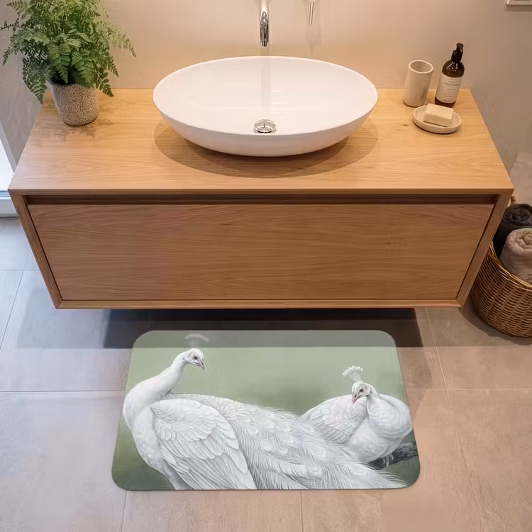 Pauwen - Wit - Natuur - Groen Badmat middel -sfeer1