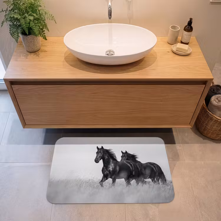 Paarden - Gras - Zwart - Wit Badmat middel -sfeer1