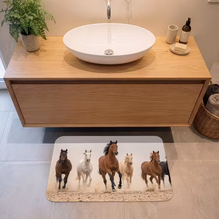 Kudde paarden - Stofwolk - Bruin - Zwart Badmat middel -sfeer1