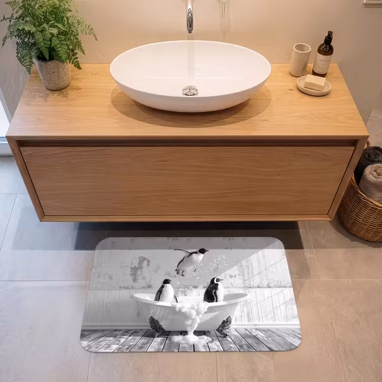Pinguïns - Vintage - Dieren - Zwart - Wit Badmat middel -sfeer1