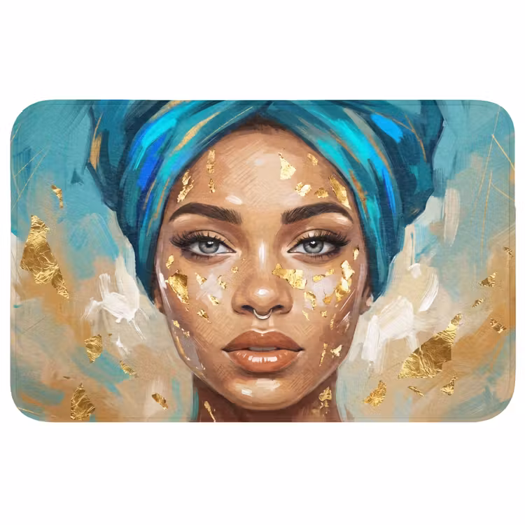 Portret - Vrouw - Schilderij - Blauw - Goud - Expressief Badmat middel -3d