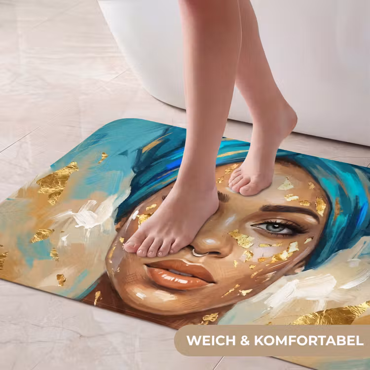 Portret - Vrouw - Schilderij - Blauw - Goud - Expressief Badmat middel -USP_ZachtDE