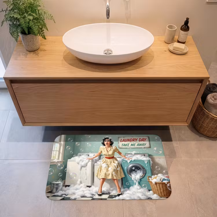 Retro - Blauw - Vrouw Badmat middel -sfeer1