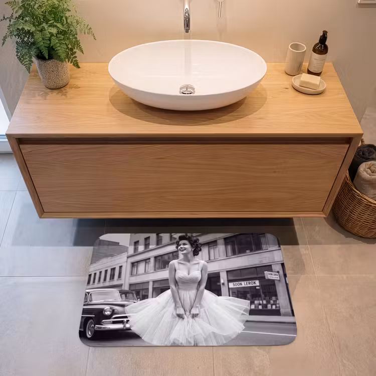 Retro - Vrouw - Zwart - Wit Badmat middel -sfeer1