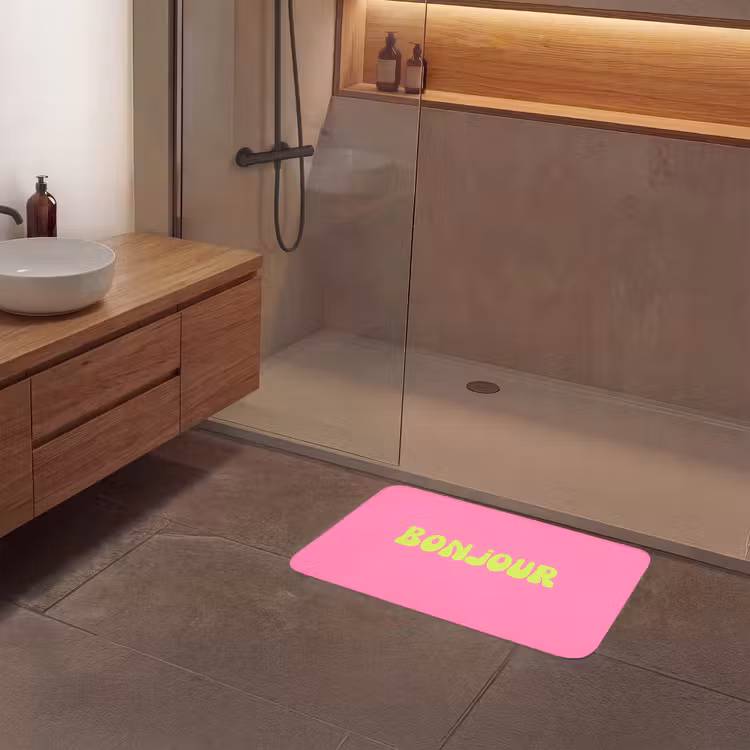 Roze - Groene bonjour - Organisch Badmat middel -sfeer2