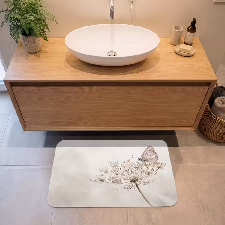 Vlinder - Bloem -Natuur - Beige Badmat middel -sfeer1
