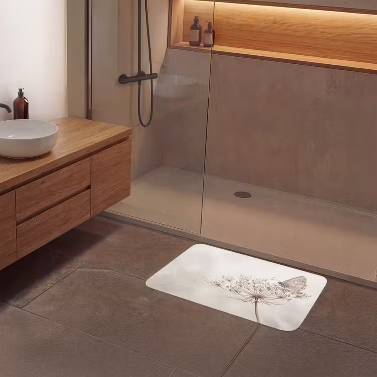 Vlinder - Bloem -Natuur - Beige Badmat middel -sfeer2