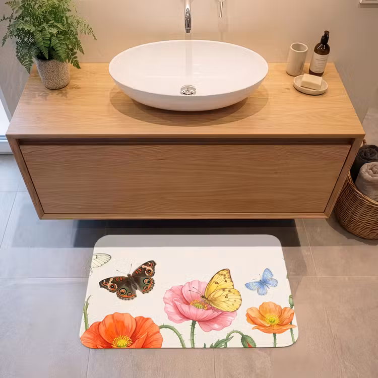 Vlinders - Klaprozen - Illustratie - Kleurrijk Badmat middel -sfeer1