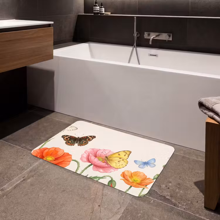 Vlinders - Klaprozen - Illustratie - Kleurrijk Badmat middel -sfeer3