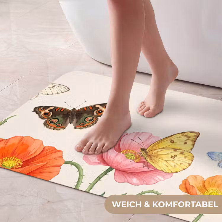 Vlinders - Klaprozen - Illustratie - Kleurrijk Badmat middel -USP_ZachtDE