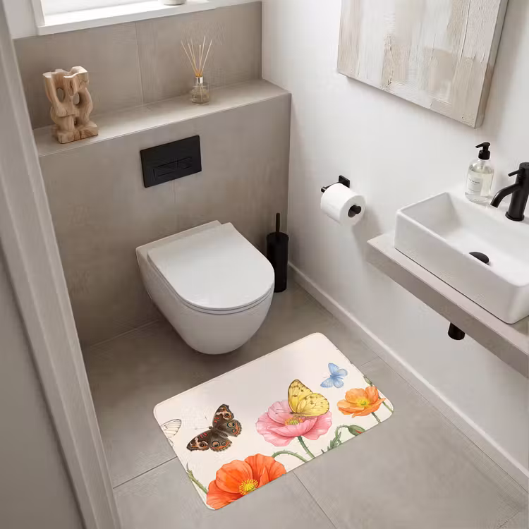Vlinders - Klaprozen - Illustratie - Kleurrijk Badmat middel -sfeer4